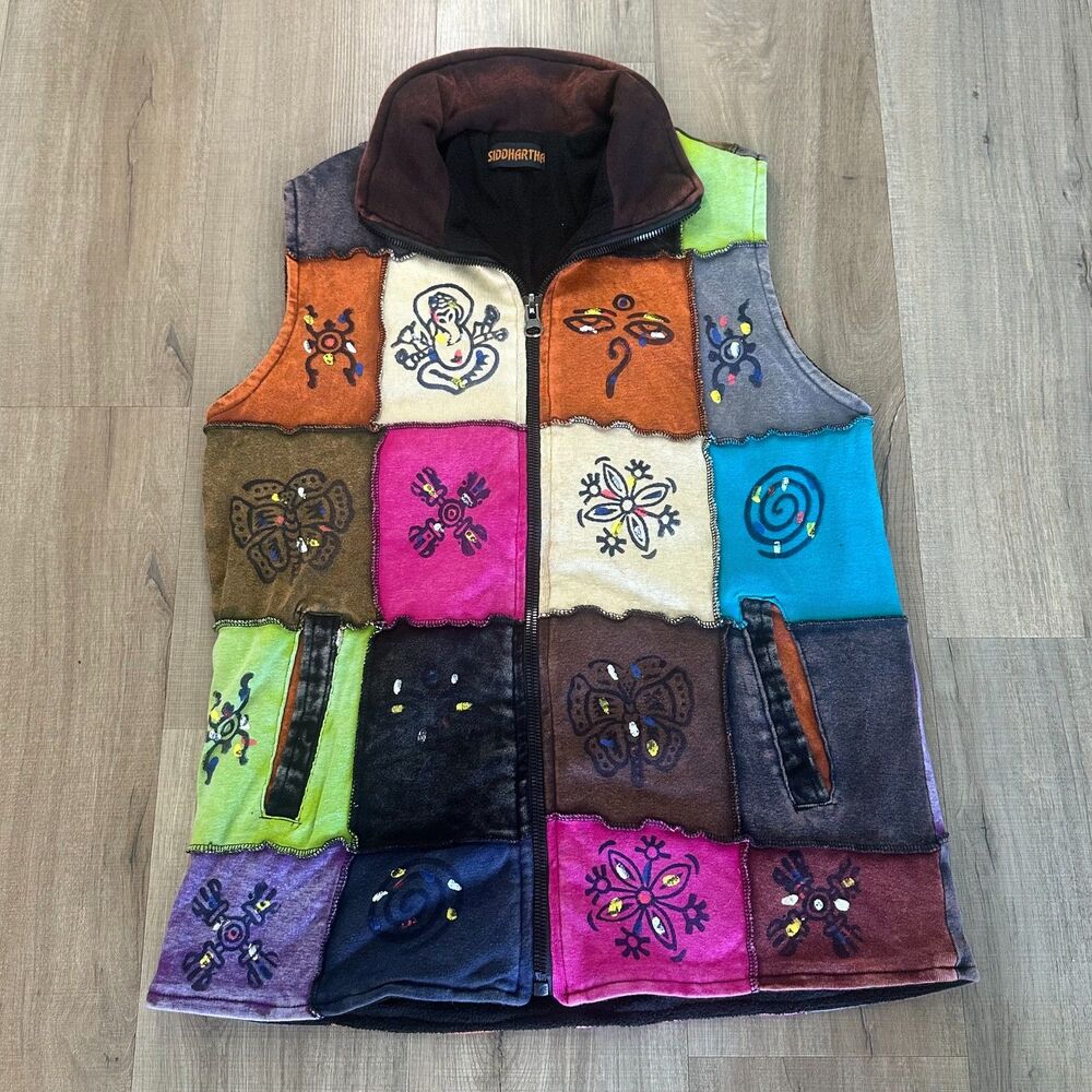 Siddhartha Womens S/M Nepal Hippie Boho Zip Up Vest Sherpa Lined Patchwork